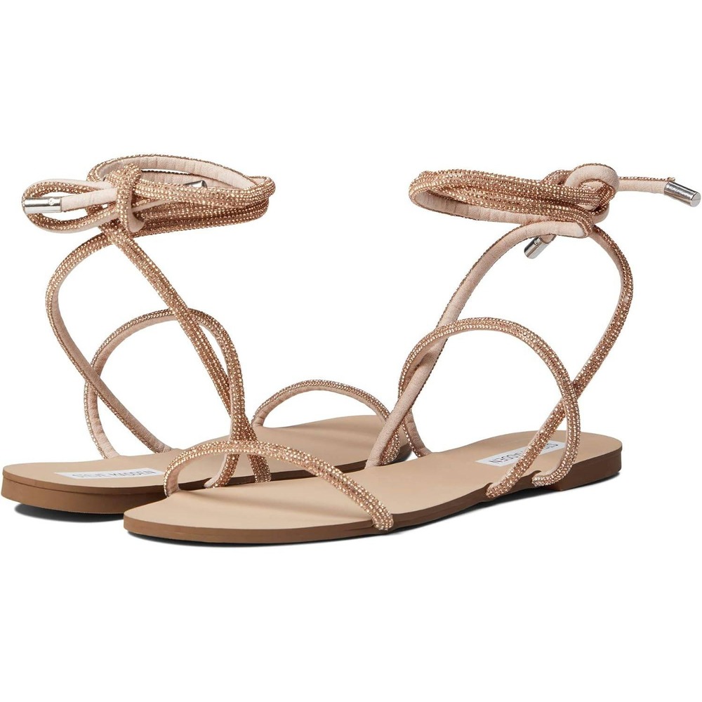 Steve Madden Twirl Rhinestone Wrap Flat Sandals Rose Gold Ankle Tie Womens 8.5